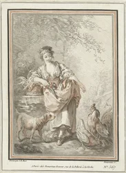 Ung kvinna med hund och tupp och höna