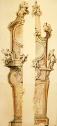 Design av ett hölje för klocka och barometer med termometer, två versioner, tidigt 1730-tal (penna, pensel, tusch och akvarell på papper)