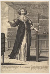 Aritmetik: en ung kvinna som står vid ett bord och håller ett ark med inskrivna siffror i..., 1633-35.