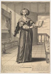 Grammatik: en ung kvinna som står i en dekorerad interiör med en öppen bok på vänster sida..., 1633-35.