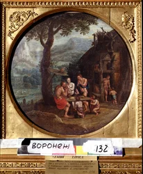 Enoks familj (eller Henoch eller Enoc eller Henoc). Familjen Enoch. Målning av Gillis Mostaert (1534-1598). Holländsk konst, mannerism. Olja på duk. Ivan Kramskoy (eller Kramskoi) konstmuseum i Voronezh (Voronezh), Ryssland.