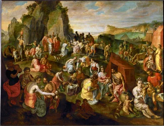 Moses hämtar vatten från klippan (målning på ek)