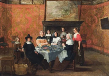 En interiör med en familj vid en måltid (olja på duk)