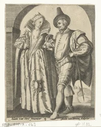 Man och kvinna, klädda enligt modet 1590-1600