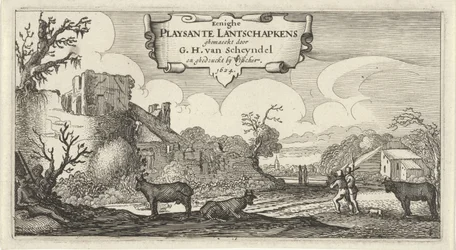 Titeltryck av tolv landskap med figurer Eenighe Playsante Lantschapkens (titel på objekt) Tolv landskap med figurer (serietitel)