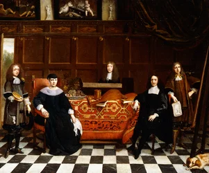 Ett gruppporträtt av en familj som sitter runt ett bord draperat med en matta, ca 1665-70