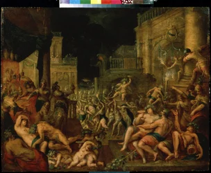 Midas festmåltid till Bacchus och Silenus ära. Målning av Gillis van Valckenborch (1570-1622). Olja på trä, mått: 61,6 x 78,7 cm Konst i flamländsk barockstil. Pushkin Museum of Fine Arts, Moskva.