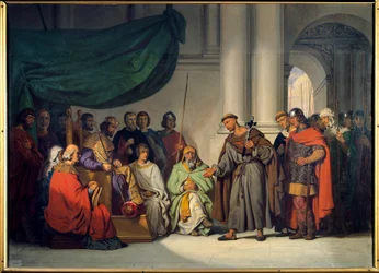Första korståget: "" Den östliga kejsaren Alexis Comnene (1048-1118) tar emot Peter Eremiten som kom för att förmana honom till korståget i Konstantinopel i augusti 1096"" Målning av Gillot Saint Evre (1791-1858) 1839 Sön. 0,98 x 1,36 m Versailles. Slottsm