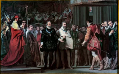 Filip II av Spanien erkänner Henrik IV som kung av Frankrike Målning av Gillot Saint Evre (1791-1858) 1837 Sön. 0,17x0,71 m