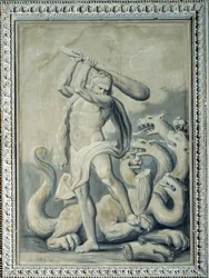 Hercules skär av de sju huvudena på Hydra (målning