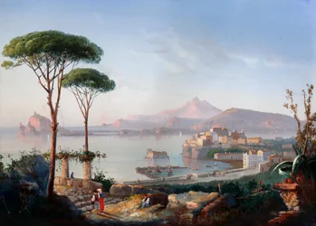 Utsikt över Pozzuolibukten med Capo Miseno och Ischia i bakgrunden (gouache)