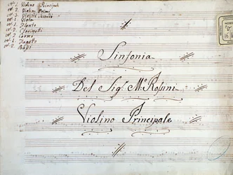 Detalj av första sidan av violinmusiken för en symfoni av Gioacchino Rossini