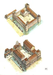 Flygfoto över de olika faserna i byggandet av Dogepalatset (eller Hertigpalatset eller Palazzo Ducale) på Markusplatsen i Venedig under 700- och 1100-talet. Italien
