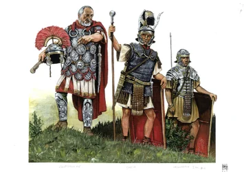 Antika Rom: en centurion, en optio (budbärare mellan centurioner och decurioner) och en legionär. 2:a århundradet