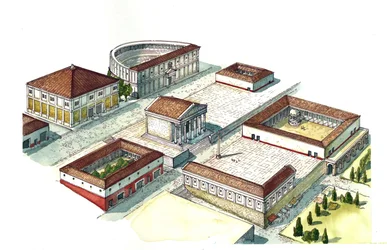 Antika Rom: återskapande av Neapels centrum med amfiteatern och templet Italien