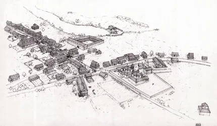 Antikens Rom: rekonstruktion av en by i romerska Bretagne (Britannia eller ön Bretagne) på 200-talet. Illustration av Giorgio Albertini. (Användningen av denna författares verk är inte föremål för en ansökan om tillstånd från en tredje part eller till den