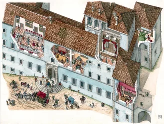 Barockkonst: vy och arkitektonisk sektion av palatset Chigi a Ariccia, Lazio, på 1600-talet. Interiören i familjerummen och tjänstefolkets bostäder är synliga. Italien, Italien