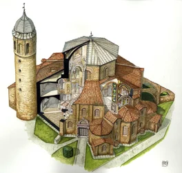 Bysantinsk konst: framställning av S:t Vitals basilika (S:t Vital eller San Vitale) i Ravenna (Ravenna) på 500-talet. Flygfoto med utskärningar för att se interiören. Italien Illustration av Giorgio Albertini. (Användningen av denna författares verk är int