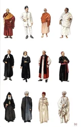 Kostymer och klänningar av medlemmar av prästerskapet i olika religioner, buddhistmunk, ortodox, kardinal, protestantisk pastor.