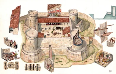 Detaljvy från luften över det aragonska slottet Venosa, byggt av Pirro del Balzo 1470, nära Potenza i Basilicata, Italien Kupor gör att man kan se fångar i cellerna i tornen som fungerade som fängelse. Detaljvyer visar soldater i försvarsposition, häll