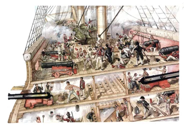 Napoleonkriget: Slaget vid Trafalgar, utkämpat den 21/10/1805 mellan den fransk-spanska flottan under befäl av amiral Villeneuve och den brittiska flottan under befäl av viceamiral Nelson. Tvärsnitt av fartyget som visar interiören, s