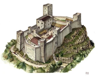 Medeltida arkitektur: rekonstruktion av slottet Canossa på 1000-talet, vid den tid då grevinnan Matilda av Canossa (eller grevinnan Matilda av Toscana) (1046-1115) och påven Gregorius VII (1015/20-1085) sökte skydd där. Italien. Illustration av Gior