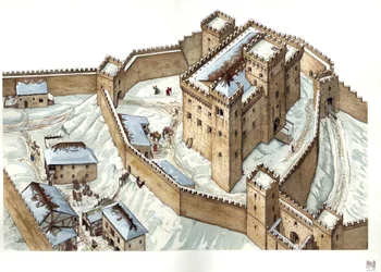 Medeltida arkitektur: rekonstruktion av staden Udines slott på 1300-talet. Italien Illustration av Giorgio Albertini. (Användningen av denna upphovsmans verk är inte föremål för en ansökan om tillstånd från tredje part eller för betalning o