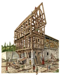 Medeltiden: en byggarbetsplats i en region i norra Frankrike på 1300-talet, snickare och timmermän arbetar med träkonstruktionen till en lada. Illustration av Giorgio Albertini. (Användningen av denna författares verk är inte föremål för en ansökan om auth