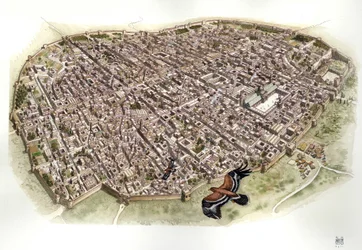 Medeltiden: Aeriansk vy över Damaskus, Syrien, när det var en del av det ottomanska riket.