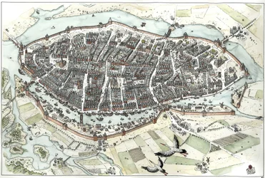 Medeltiden: flygvy över staden Lübeck i Tyskland med gatukarta, som visar dess geografiska läge på en ö vid floderna Wakenitz och Traves sammanflöde. 1400-talet. Tyskland. Illustration av Giorgio Albertini. (Användningen av denna författare w