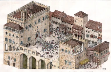Medeltiden: Flygfoto över det centrala torget i staden Gubbio (Umbrien) i Italien på 1300-talet. Konsulspalatset syns till vänster.