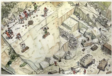 Medeltiden: luftfoto som föreställer arbetare som arbetar i marmorbrotten i Carrara (Carrara) på 1400-talet. De olika stegen är representerade, utvinning, blockstorlek, transport. Italien Illustration av Giorgio Albertini. (Användningen av denna författare