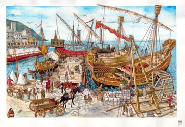 Medeltiden: kommersiell verksamhet, lastning av båtar, i en hamn i regionen Ligurien. Italien 14:e århundradet