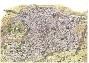 Medeltiden: detaljerad flygbild över staden Samarkand (Samarkand), vallarna syns, i Uzbekistan på den mongoliska Chaybaniddynastins tid. 1450 runt Centralasien. Illustration av Giorgio Albertini. (Användningen av denna författares verk är