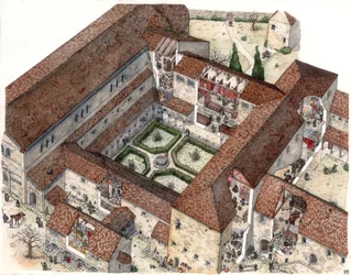 Medeltiden: återskapande av ett kloster och nunnors eller munkars liv. Snitten gör att man kan se de inre scenerna. Illustration av Giorgio Albertini. (Användningen av denna författares verk är inte föremål för en ansökan om tillstånd från en tredje part o