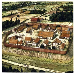 Medeltiden: rekonstruktion av en Motte (illustration)