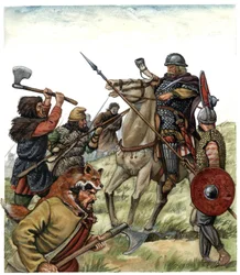 Medeltiden: scen ur slaget vid Roncevaux (spanska Baskien), en frankisk ryttare ur Karl den stores armé möter morerna år 778. 700-talet. Illustration av Giorgio Albertini.