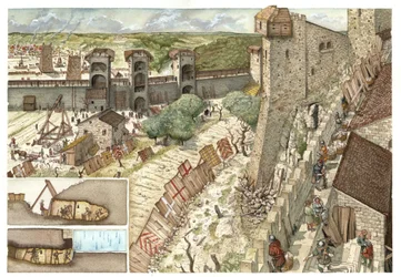 Medeltiden: belägringen av staden Viterbo (Viterbo) nära Rom, eftertraktad av Guelferna, anhängare av påven och av Gibelinerna, anhängare av kejsar Fredrik II Hohenstaufens (1194-1250) armé år 1240. Italien. Nedan till vänster finns en beskrivning av
