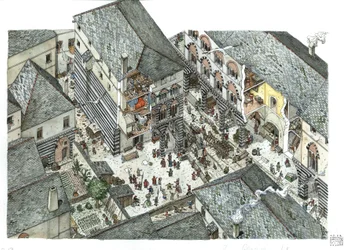 Medeltiden: vy över ett palats för handelsadeln (Curia eller curia) i Genes på 1400-talet, gatuscener, Italien Illustration av Giorgio Albertini.
