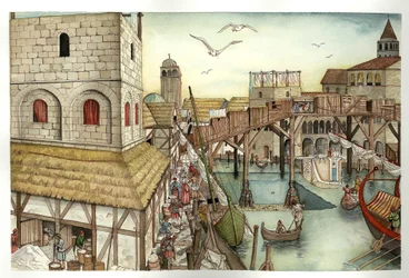 Medeltiden: vy över Rialtobron på 1000-talet och aktiviteter i Venedig, Italien.