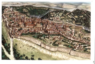 Medeltiden: vy över den medeltida staden Volterra, omgiven av vallar, på 1300-talet. Toscana. Italien Illustration av Giorgio Albertini. (Användningen av denna författares verk är inte föremål för en ansökan om tillstånd från en tredje part eller till t