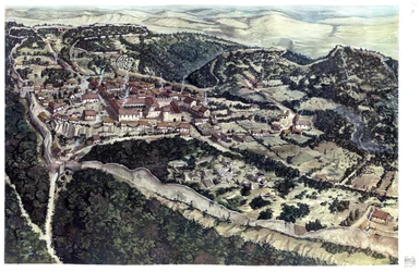 Medeltiden: vy över den medeltida staden Volterra, omgiven av vallar, på 900-talet. Toscana. Italien Illustration av Giorgio Albertini. (Användningen av denna författares verk är inte föremål för en ansökan om tillstånd från en tredje part eller till t
