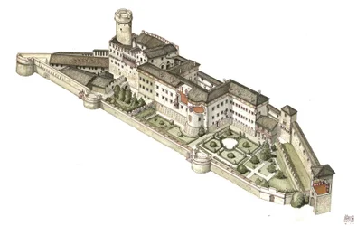 Rekonstruktion av slottet Buonconsiglio, tidigare residens för eveque-prinsarna av Trento. Italien Illustration av Giorgio Albertini. (Användningen av denna upphovsmans verk är inte föremål för en ansökan om tillstånd från tredje part eller för betalning a