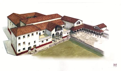 Roman Antiquite: Rekonstruktion av platsen för domus av Marine Porte (domus di porta marina) i Ostia antica (antika Ostia) på 400-talet, Italien.
