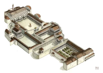 Roman antiquite: Återuppbyggnad av Trajans forum (foro di traiano) på 300-talet e.Kr. i Rom. Rom, Italien.