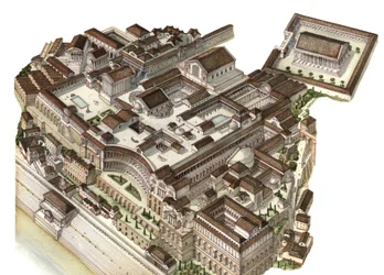 Romersk forntid: rekonstruktion av Palatinen (Palatinohöjden) på 300-talet, där de efterföljande kejsarna Augustus, Nero och Septimius Severus byggde sina respektive palats. Rom, Italien