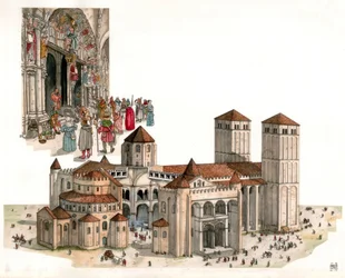 Romansk konst: översikt över katedralen i Santiago de Compostela, byggd på 1000- och 1100-talen, i Santiago de Compostela, Spanien.