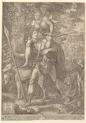 Allegory of the Hunt, en jägare som håller ett stort spjut som bär en kvinna Diana på sin shou..., 1556.