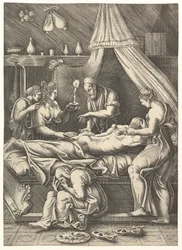 En allegori om sjukdom, man som lägger sig på en säng omgiven av figurer, ca. 1540.