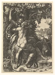 Angelica och Medoro, paret som omfamnar, Medoro ristar sina namn i barken på en..., ca. 1570.
